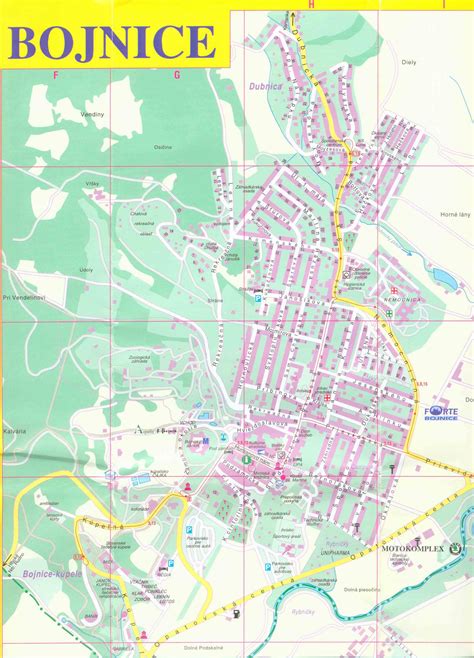 Mapa mesta Bojnice s vyznačenými lokalitami Dubnica a Obora