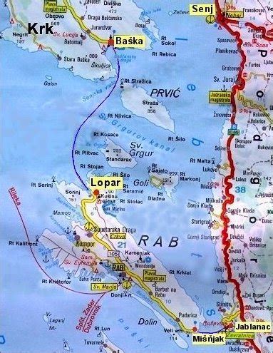 Mapa ostrova Rab s vyznačenými letoviskami Rab a Lopar