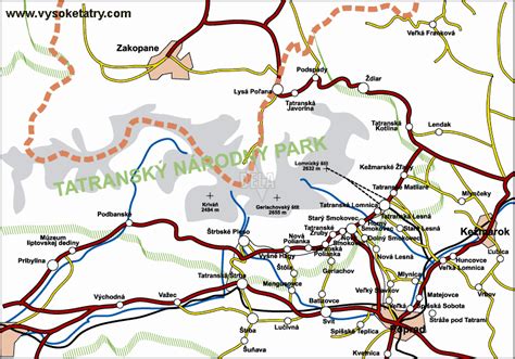 Mapa regiónu Vysoké Tatry s vyznačenými obcami Mlynčeky, Malý Slavkov, Kežmarok a Veľká Lomnica