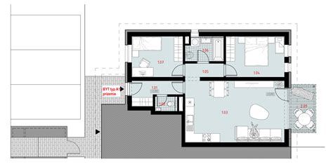 Ilustrácia polyfunkčného objektu s rôznymi prevádzkami na prízemí a bytmi na vyšších poschodiach