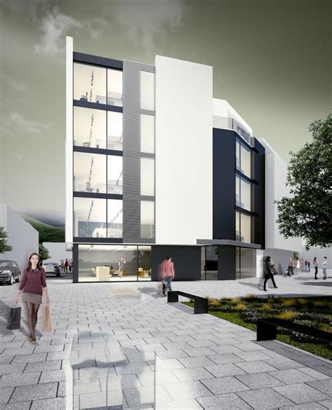 Vizualizácia polyfunkčného domu v centre mesta s obchodnými prevádzkami na prízemí