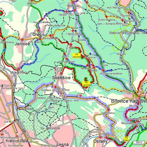 Mapa oblasti Kopanice s vyznačenými turistickými a cyklistickými trasami