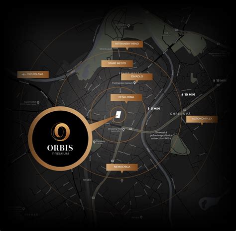 Mapa zobrazujúca polohu Orbis Premium v centre Nitry s vyznačenými okolitými ulicami a bodmi záujmu.