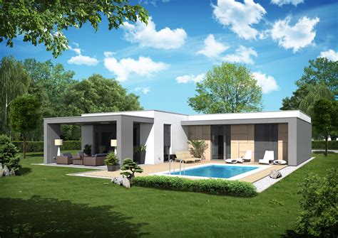 Moderný bungalov s plochou strechou a veľkými oknami