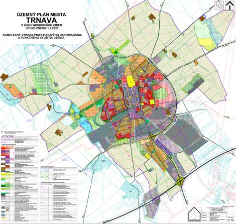 Mapa mesta Trnava s vyznačenými priemyselnými zónami a centrom mesta