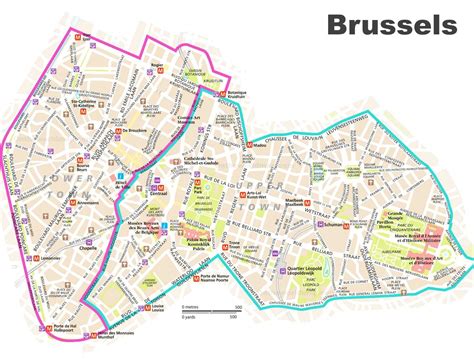 Mapa Bruselu s vyznačenými rôznymi štvrťami
