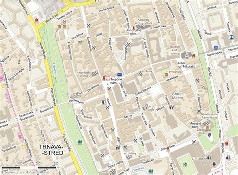 Mapa historického centra Trnavy s vyznačenou lokalitou projektu