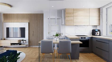 Moderný interiér bytu so zariadenou kuchyňou