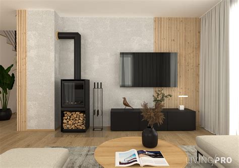 Interiér hlavnej dennej zóny s krbom