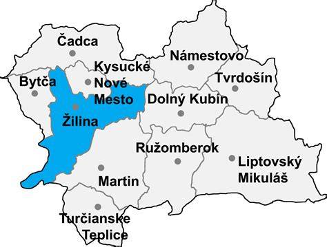 Mapa okresu Žilina s vyznačenými obcami Divina, Svederník, Horný Hričov a mestom Žilina