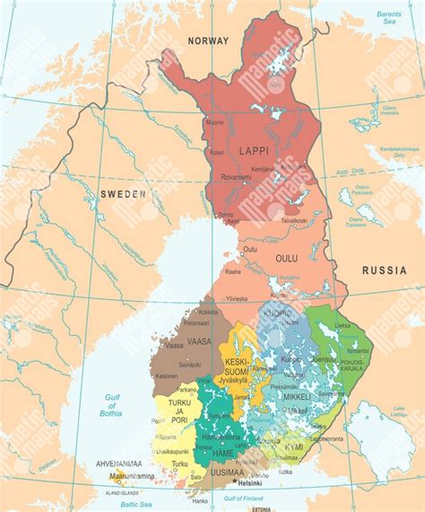 Mapa Fínska s vyznačenými oblasťami s jazerami