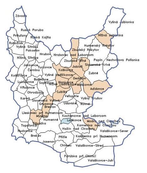 Mapa okresu Humenné s vyznačením obce Rokytov