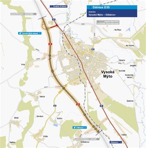Mapa s vyznačením Vysokého Mýta a okolitých obcí