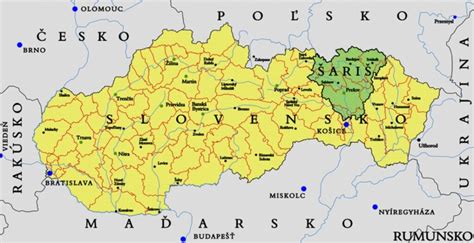 Mapa regiónu Šariš s vyznačenými Šarišskými Michaľanmi, Prešovom a Sabinovom