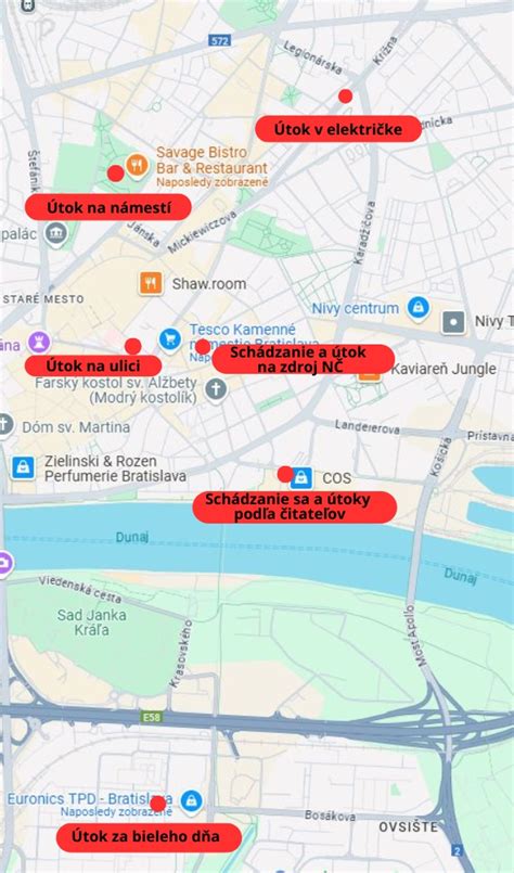 Mapa lokality Figara v Bratislave s vyznačenými bodmi záujmu