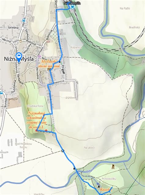 mapa obce Nižná Myšľa a okolia s vyznačením blízkosti Košíc