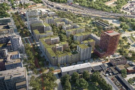 Vizualizácia modernej mestskej štvrte s multifunkčnými budovami a zelenými plochami