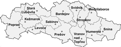 Mapa Prešovského kraja s vyznačenými mestami ako Prešov, Humenné a Ľubica