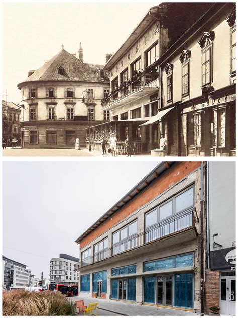 Historická fotografia ulice s domami orientovanými do dvora