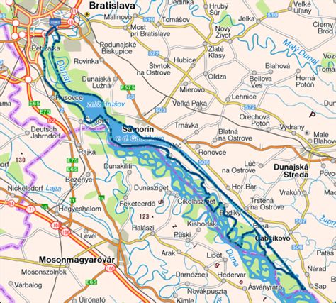 Mapa toku Dunaja s vyznačením Vodného diela Gabčíkovo