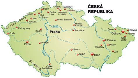 Mapa Českej republiky s vyznačenými hlavnými mestami regiónov a Prahou