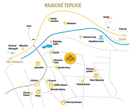 Mapa Rajeckých Teplíc s vyznačenými apartmánmi a kúpeľmi