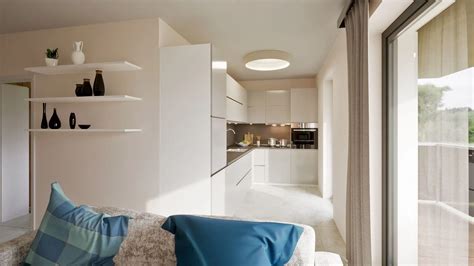 Vizualizácia moderného dvojizbového bytu s otvoreným priestorom