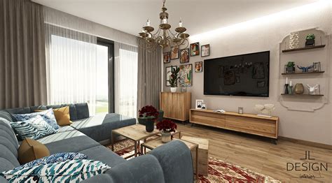 Obývacia izba vo farmhouse štýle s drevenými trámami a krbom