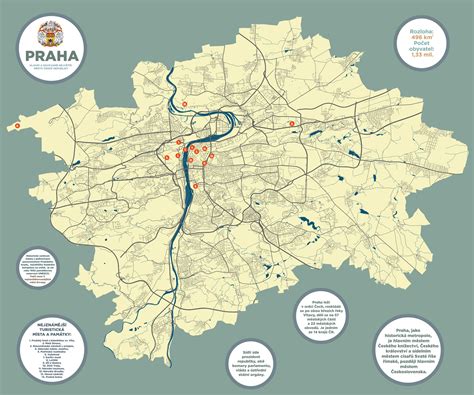 Mapa Prahy s vyznačenými mestskými časťami