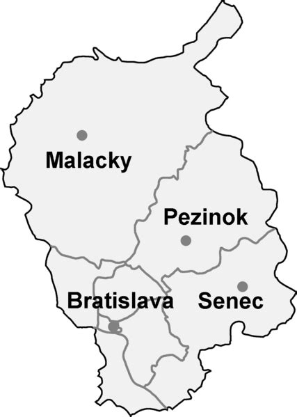 Mapa Bratislavského kraja s vyznačenými hranicami VÚC