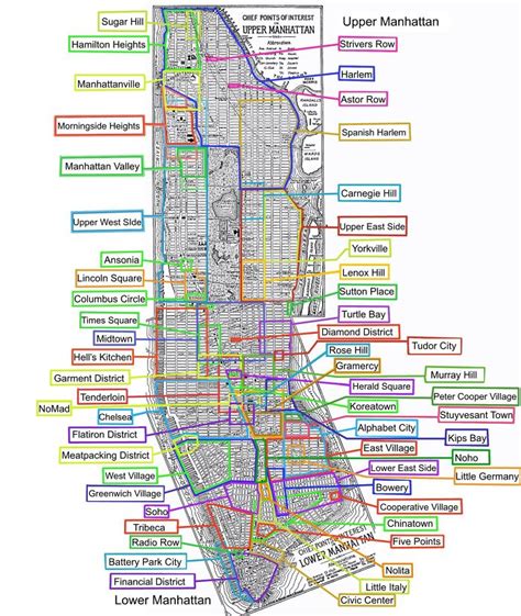 Mapa Manhattanu s vyznačenými štvrťami