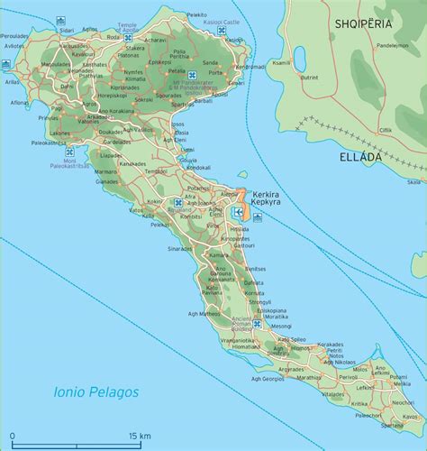 Mapa ostrova Korfu s vyznačenými hlavnými cestami a letoviskami