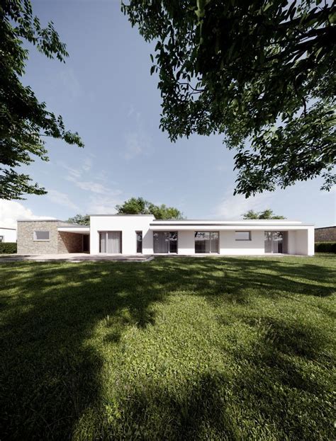 Vizualizácia moderného bungalovu na úzkom pozemku