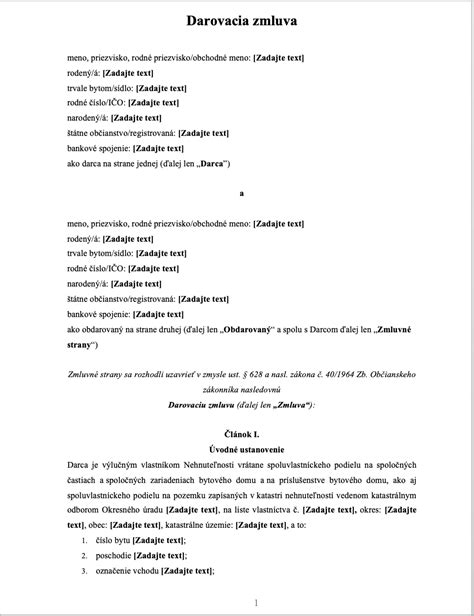 Ukážka vyplnenej darovacej zmluvy s vyznačenými kľúčovými sekciami