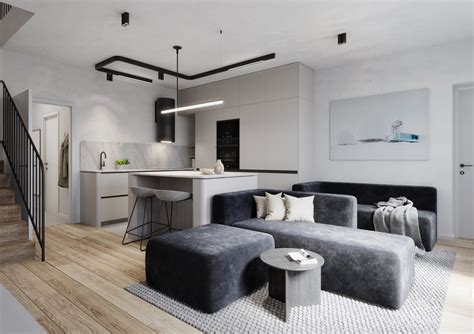 interiér mezonetového bytu s krbom