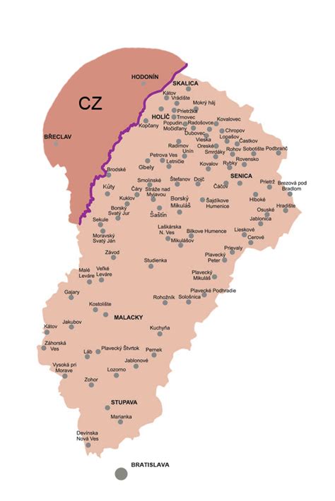 Mapa Záhoria s vyznačenou obcou Brodské