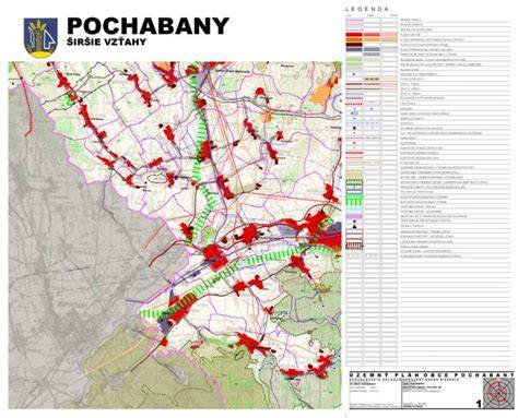 Ilustrácia znázorňujúca rôzne zóny v územnom pláne obce (obytné, priemyselné, zelené plochy, dopravné infraštruktúry)