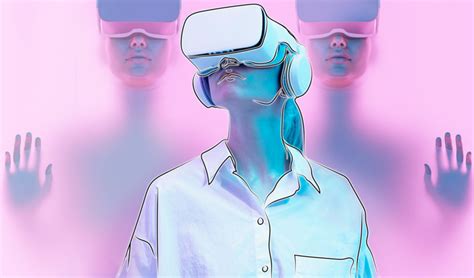 Ilustrácia zobrazujúca človeka s VR headsetom, ktorý interaguje s digitálnym prostredím.