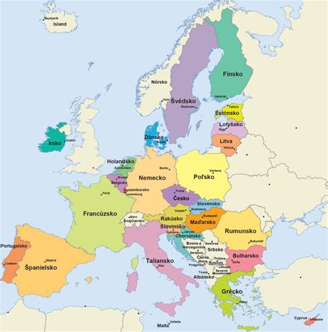 Mapa Európskej únie s vyznačenými krajinami.