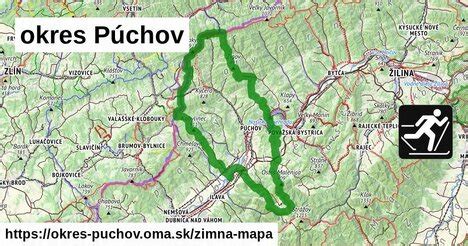 Mapa okresu Púchov s vyznačenými rekreačnými oblasťami a lyžiarskymi strediskami