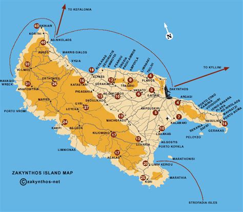 Mapa ostrova Zakynthos s vyznačenými letoviskami