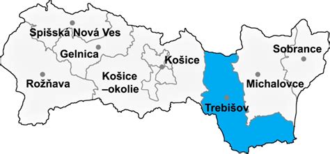 Mapa okresu Trebišov s vyznačenými obcami