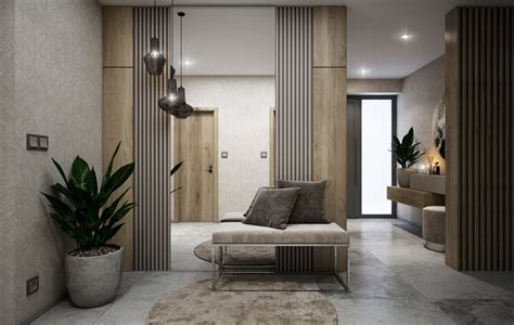 Moderná predsieň s drevenými prvkami a zrkadlom