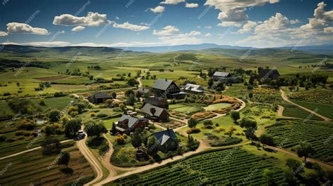Aerial view of a village with green spaces and some new construction