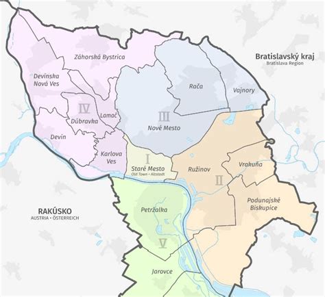 Mapa Bratislavy s vyznačenými lokalitami Staré Mesto a Downtown