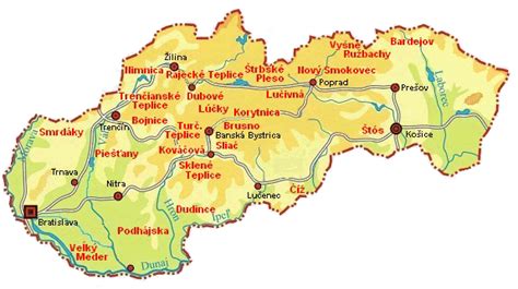 Mapa slovenských pohorí s vyznačenými turistickými centrami