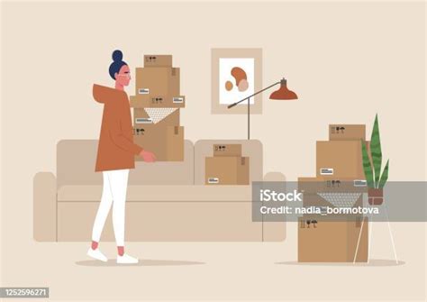 Ilustrácia ženy balí krabice do nového bytu