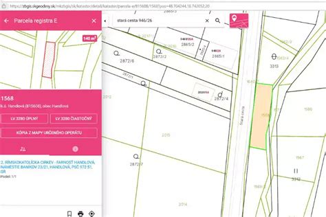 Ukážka rozhrania online katastra nehnuteľností s mapou a vyhľadávacím poľom