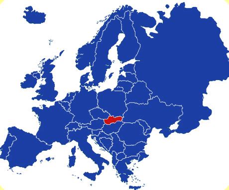 Mapa Európy s vyznačeným Slovenskom a Rakúskom