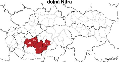 Mapa regiónu Nitra s vyznačenými susednými obcami